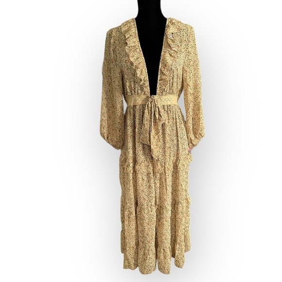 Heyson Sweaters - Heyson boho ditsy floral ruffle crochet open long lined kimono mustard medium